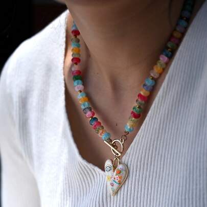 Colored Glass Bead Chain Popular Necklace Heart Pendant Necklace For Women Handmade Fashion Y2K Daily Bohemia Jewelry