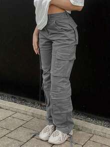 High Waisted Solid Color Side Cargo Pants For Women Baggy Y2k Straight Wide Leg Pants Casual Pants With Pockets Streetwear Sweatpants - 淺灰色 - 查看 5