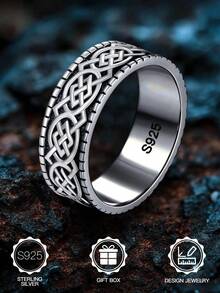 1 chiếc nhẫn phong cách Punk Celtic Knot bạc Sterling S925, trang sức không gây dị ứng, thích hợp cho Halloween, sinh nhật, quà tặng ngày lễ tình nhân, hàng ngày, trang trí tiệc tùng, đi kèm hộp quà - Màu Đen Súng - Xem 1
