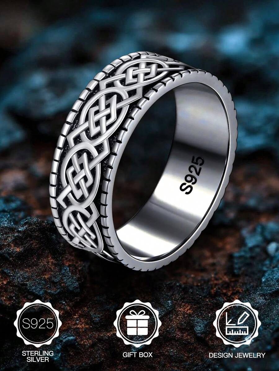 1 chiếc nhẫn phong cách Punk Celtic Knot bạc Sterling S925, trang sức không gây dị ứng, thích hợp cho Halloween, sinh nhật, quà tặng ngày lễ tình nhân, hàng ngày, trang trí tiệc tùng, đi kèm hộp quà - Màu Đen Súng - Xem 1