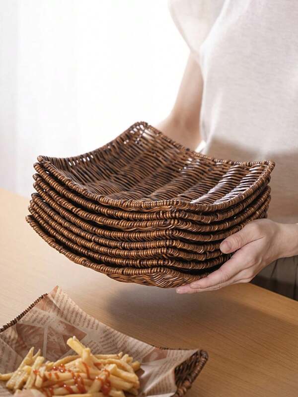 1/2/4pcs Creative Fried Chicken, French Fries Tray, Woven Rattan Style Fruit Plate, Snack Basket, Boat Shaped Serving Tray, Woven Plastic Fruit Basket, Snack Tray, Fries Rack, Kitchen Storage Basket, Bread Basket, Dessert Basket, Outdoor Picnic Basket, Tabletop Organizer