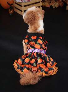1pc Pumpkin Lace Pet Dress, Halloween Themed Pet Apparel, Two-Layer Pet Skirt For Dogs & Cats