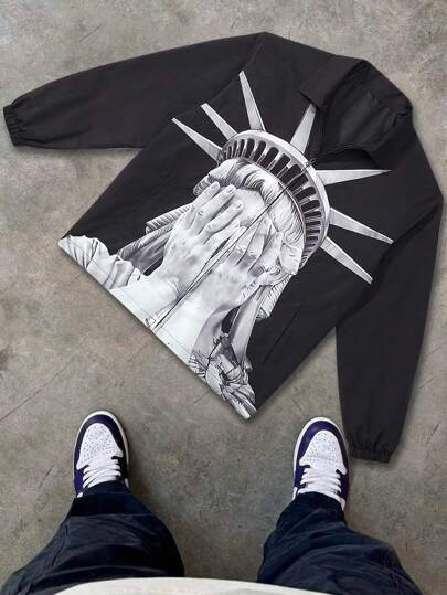 Men's Jacket, Casual Turndown Collar Full Body Portrait Print Lightweight Zip-Up Outerwear, Long Sleeve, Fashionable, Spring/Autumn