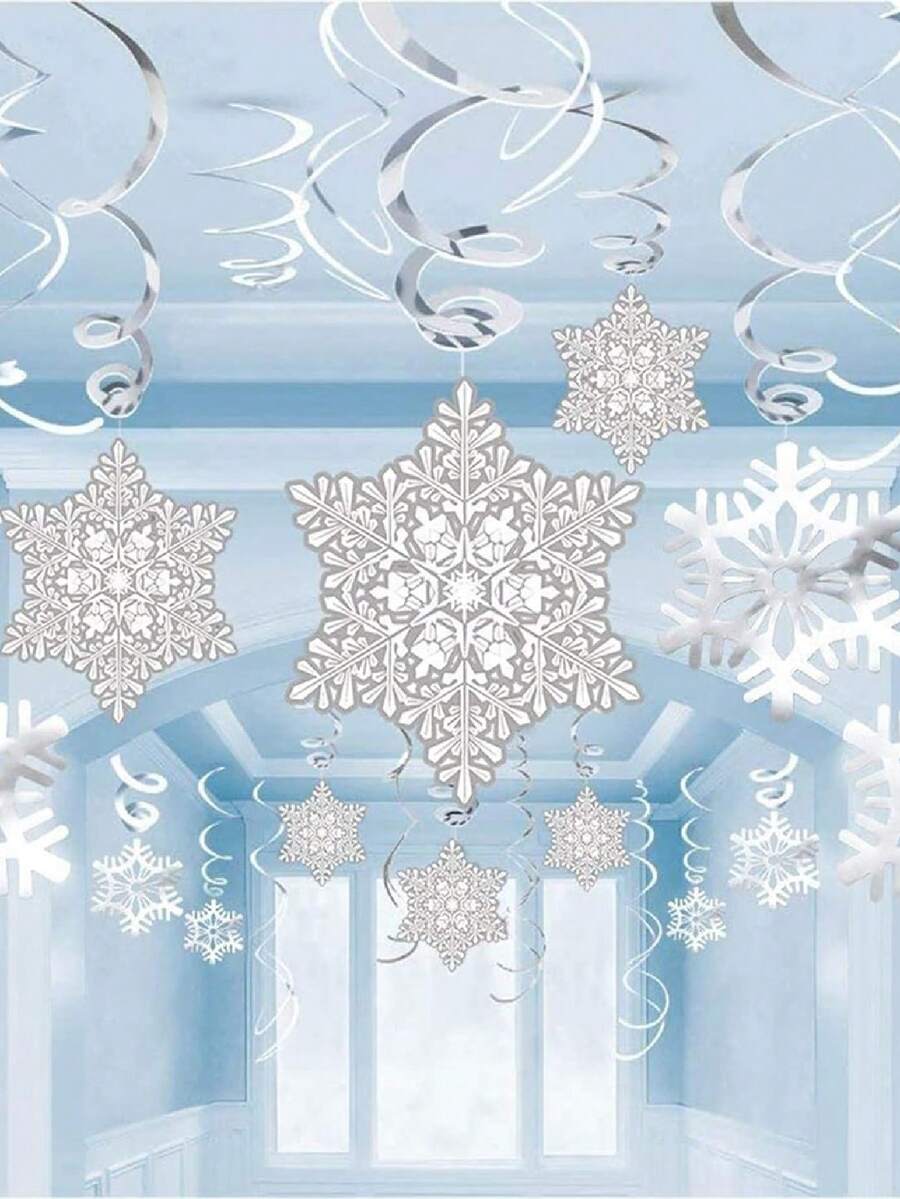 30pcs-Winter Snowflake Hanging Swirl Decorations, White Silver Christmas Glitter Snowflake Hanging Swirl Decorations, Hanging Streamers For Christmas Winter Wonderland, Frozen New Year Birthday Party Supplies, Snowflake Hanging Swirls And Charm Decorations, Winter Party Wonderland Christmas Day Decorations. - Multicolor - View 1
