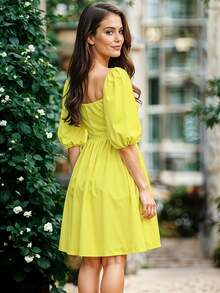 Vestido Corto de Escote Cuadrado con Manga Abullonada Casual para Mujer - Amarillo - Ver 4
