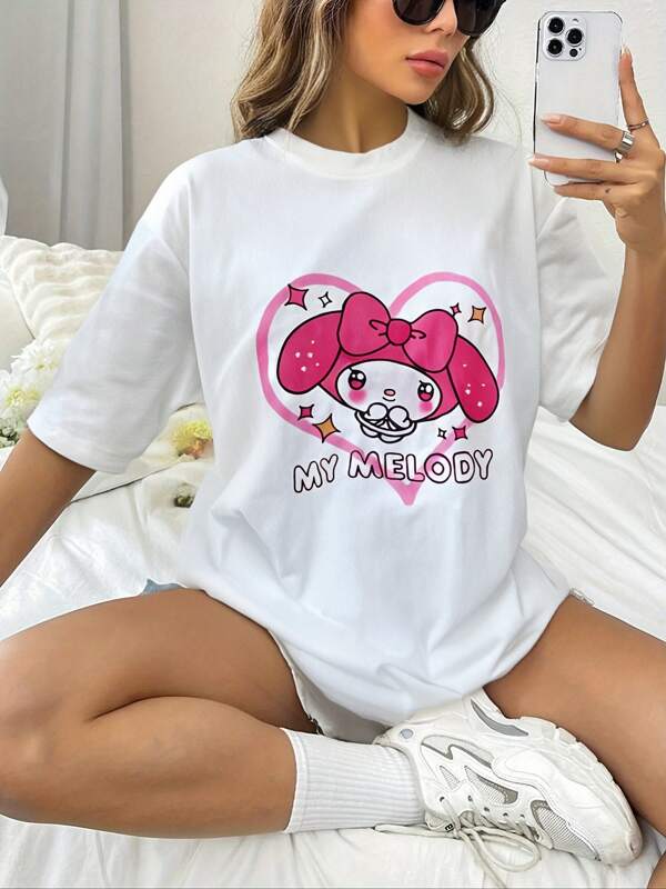 Sanrio Sanrio Heart My Melody Printed Women's T-Shirt Cartoon White Round-Neck Short-Sleeved Couple Home Wear Top, Loose And Comfortable Pajamas For Spring And Summer Casual Vacation, Gifts For Best Friends On Birthdays, Valentine's Day, Christmas, Thanksgiving And The Start Of The School Season