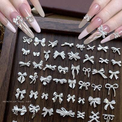 10/100/500个 3D 银色蝴蝶结爱心美甲装饰，韩式金属蝴蝶结、星星、月亮美甲饰品，Y2K朋克美甲宝石，DIY亚克力美甲贴纸，手机壳、鞋子、衣服、包包美甲用品