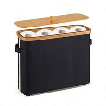1pc Toilet Paper Storage Basket With Lid, Toilet Paper Organizer For Bathroom, Bamboo Toilet Paper Storage Holder Stand Free Standing With Handle, Enclosed Toilet Paper Tissue Storage Bin Container Bathroom Decor Summer