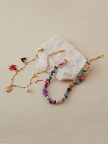 2pcs Bohemia Beach Holiday Style Seashell Starfish & Fish Tail Multi-Layer Colorful Stone Anklets