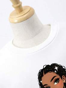 少女卡通印花圆领长袖上衣和牛仔裤套装 - 白色 - 查看 3