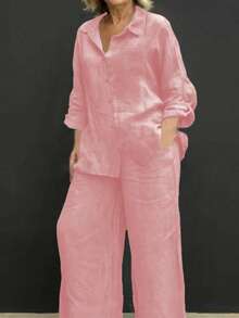 轻盈 Polo 领休闲开衫，百搭纯色优雅上衣，适合海滩、日常、通勤、工作、购物等场合，面料柔软，搭配松紧腰宽松长裤，两件套，春夏秋三季皆宜。 - 粉色 - 查看 3