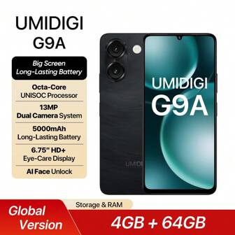 UMIDIGI G9A Unlocked Phone, Android 14 Go , 8GB+64GB/TF 1TB Expend Octa-Core, 4G Dual SIM Card, 3.5mm Headphone Jack Phones 6.75"HD+Display AI Face Unlock Android Phone, 5000mAh, GPS For EU