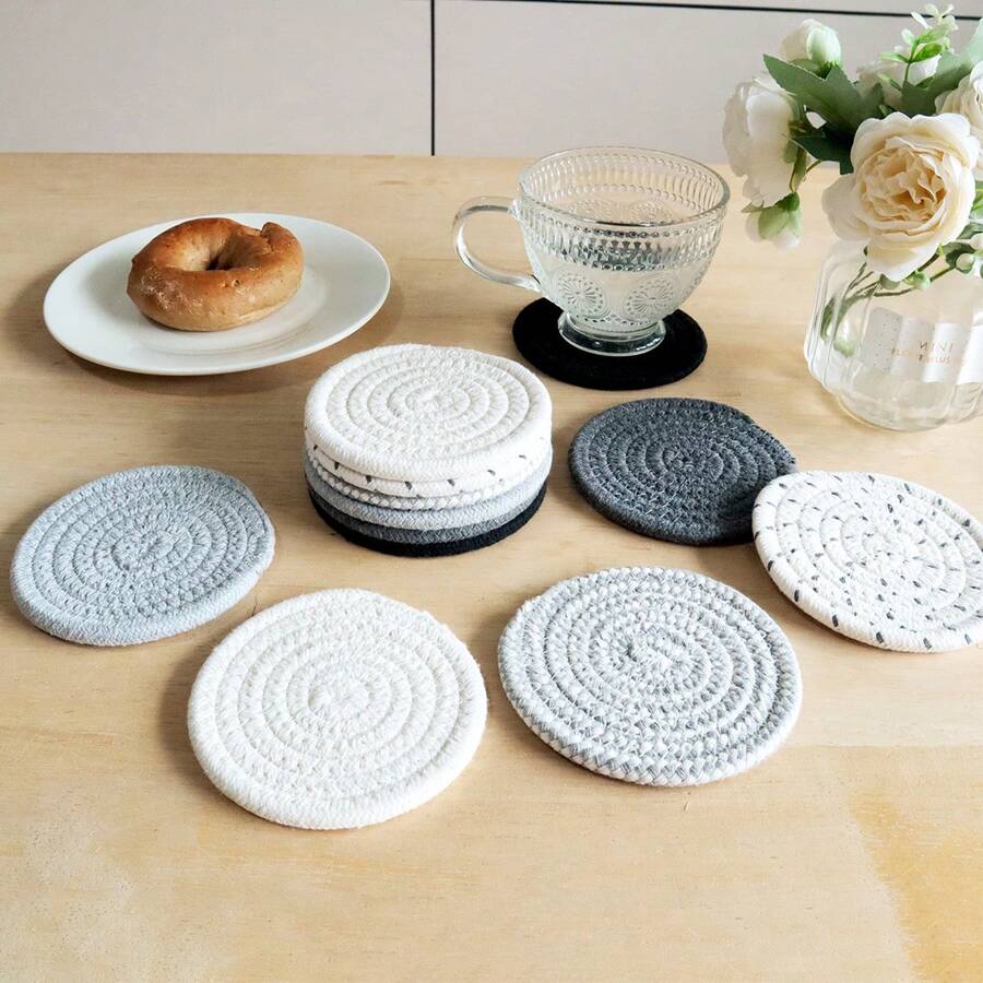 12pcs/Set Gray Series Round (4.33inch) Coaster Set, Minimalist Handwoven Thick Heat-Resistant Drink Coasters, Suitable For Most Cups, Suitable For Home, Dining Table Decor, Applicable To Bar, Cafe, Restaurant