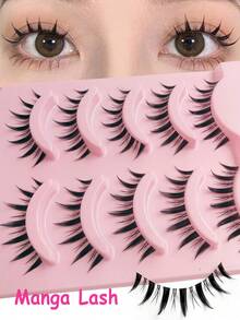 Asiteo 5 对假睫毛簇状睫毛自然外观，纤细漫画睫毛延长条带透明带短款动漫韩国假睫毛 - 黑色 - 查看 1