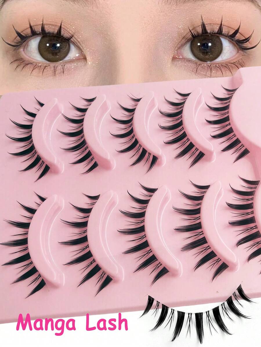 Asiteo 5 对假睫毛簇状睫毛自然外观，纤细漫画睫毛延长条带透明带短款动漫韩国假睫毛 - 黑色 - 查看 1