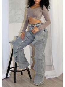 Women Cargo Jeans High Waisted Straight Wide Leg Jeans Pants Button Detachable Denim Cargo Trousers - 01天藍色 - 查看 8