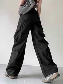 Pantalón largo cargo para dama, pantalones cargo jogger de alta elasticidad y pantalones casuales sólidos para mujer, estilo urbano con cintura alta y cordón ajustable, pierna ancha y bolsillos grandes, en color negro o gris, cómodos, elásticos y ligeros - Negro - Ver 4