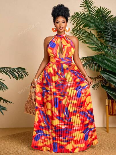 1pc Plus Size Women Sexy & Elegant Halter Neck Beach Dress, Random Floral Print Design