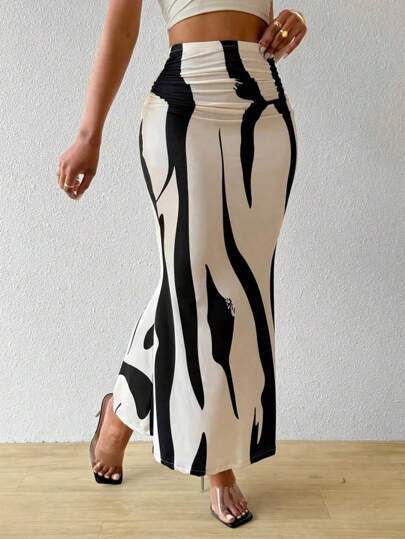 Women's Printed Ruched Fitted Elegant Mermaid Hem Pencil Skirt, Minimalist & Fashionable, Suitable For Summer