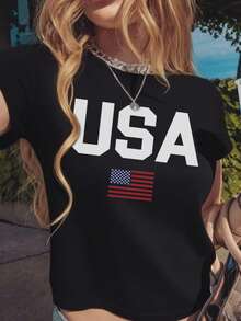 Damen Sommer Neu USA Bedrucktes Rundhals Kurzarm Lässig T-Shirt, modisch und vielseitig, geeignet für den täglichen Trageauf Damen Grafiktops Weiß Schwarz - Schwarz - Übersicht 7