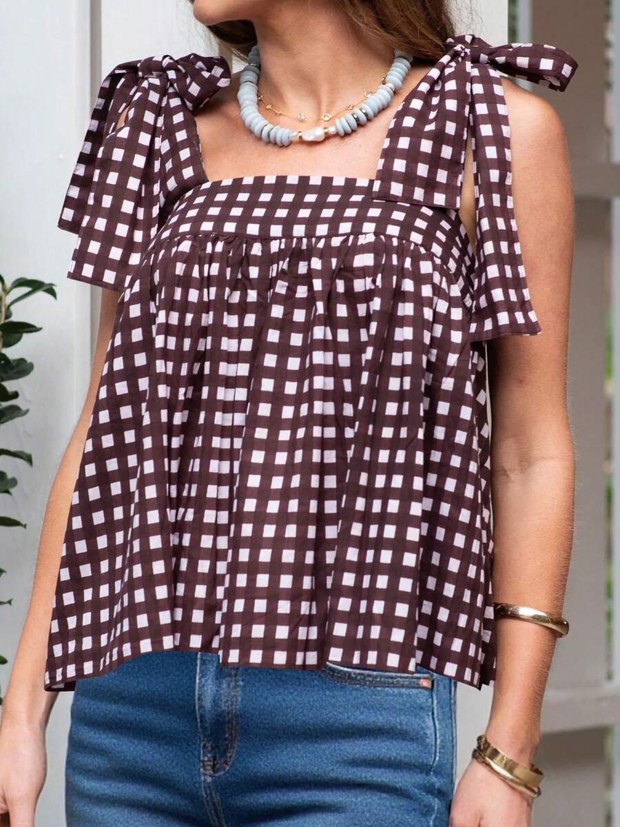 Peplum Babydoll Tank Tops For Women Boho Floral Print Tie-Up Wide Straps Sleeveless Cami Tops Going Out Shirts - Cà phê nâu - Xem 1