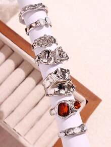 Bộ 7 chiếc nhẫn đá quý Zirconia hình học bạc thanh lịch cổ điển thời trang dành cho nữ, trang sức mùa thu/đông - Nhiều màu - Xem 5