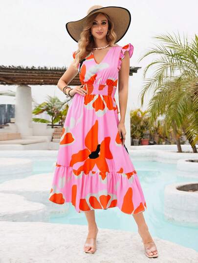 Vestido Largo Con Estampado De Flores Colocadas Para Dama, Vestido Cuello en V,Con Fruncido en Cintura, Vestido Manga de Volante,Vestido Con Ribete Fruncido