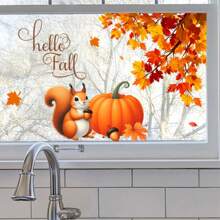 秋季松鼠和枫叶窗贴 - “你好秋天”或“感恩节快乐”文字自粘秋季装饰，暖色调，适用于客厅、卧室、走廊 - 耐用塑料季节性家居装饰，秋季家居装饰，节日房间装饰，秋季主题艺术品，易于粘贴的贴纸，舒适的秋季主题，高品质 PVC，DIY 爱好者