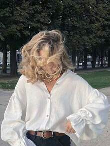 2026 Spring/Summer New Casual Elegant Ruffle Trim Lantern Sleeve Button Front Blouse, Women's Graceful Top, Suitable For Valentine's Day, New Year, Music Festival, Graduation, Summer Holiday, Spring Outfits, Party, Birthday, Beach, Vacation, Casual Wear, Y2K White - White - View 3