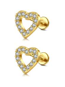 2 件心形耳钉平底 - 不锈钢内螺纹耳骨耳环女士防过敏 CZ 耳钉穿孔珠宝耳屏/耳轮/海螺/美杜莎/唇/唇钉 8 毫米金银 - 彩色 - 查看 26