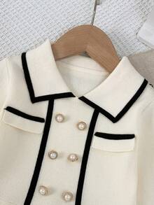 1pc Fashion Collared Black Trim Long Sleeve Knitted Dress, White Ruffled Sweater Dress' - Beige - View 2