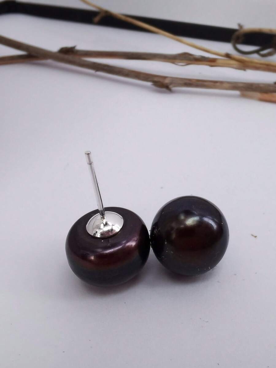 1 Pair 9-9.5mm Natural Freshwater Pearl S925 Silver Stud Earrings - Black - View 1