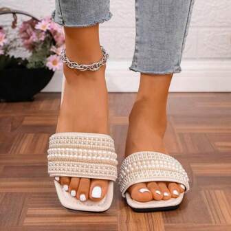 Women's Elegant Pearl Beaded Design Slip On Sandals, Faux Leather, Minimalist Style, Comfortable For Daily Commute