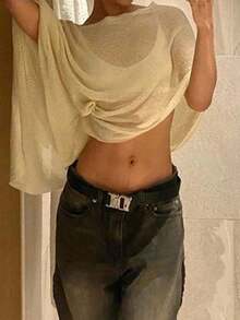 Summer Irregular Knit Cover-Up Crop Top For Women Y2k Aesthetic See-Through T-Shirt Beach Vacation Going Out Tops Womens Crochet Shrug Y2K Hollow Out Bolero Shrug See Through Cropped Top - 黃色 - 查看 8