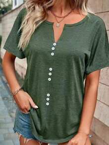 Women Summer Plus Size T-Shirt Casual Button Solid Color V-Neck Short Sleeve Basic Tops For Streetwear - Green - View 2
