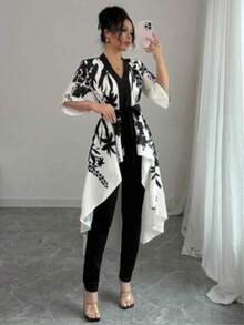 Áo sơ mi công sở thanh lịch, cỡ lớn, in hoa, cổ chữ V, ngắn phía trước, dài phía sau, thích hợp cho mùa hè. - Đen và trắng - Xem 7