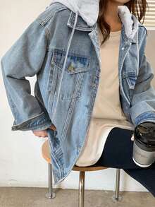 New Women's Retro Vintage Loose Hooded Denim Jacket, Single Breasted Flip Pocket Hooded Sweatshirt, Suitable For Autumn - 藍色 - 查看 3