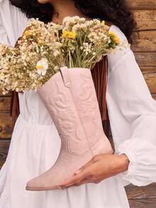 Women'S Cowboy Western Boots Point Toe Pull On Cowgirl Boots  Embroidered Detail Chunky Heeled Back To School Music Festival  Matching Dress Mid Calf Pink Boots - 淺粉色 - 查看 8