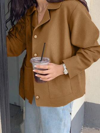 秋冬独特款式翻领金属单排扣宽松长袖针织开衫外套