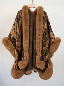 Xale Poncho Tricotado com Design de Pena de Pavão Elegante, Novo, Quente, Confortável e Respirável, Xale Grosso Vintage para Outono/Inverno, Combinado com Borda de Pele Sintética Macia para Vestido