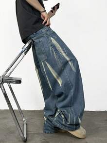 1pc Justice Brother Casual Brand Personalized Distressed Denim Wide Leg Loose Fit Jeans Pants For Men