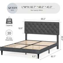 HOMBCK Estructura de cama tapizada con cabecero, estructura de cama de tela de lino con cabecero capitoné, sin somier, fácil montaje, tamaño individual/matrimonial/queen/king, beige/rosa/gris oscuro/gris/azul