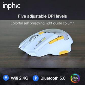 inphic Mouse da gioco senza fili Inphic, 3 modalità Bluetooth, 12000 DPI, 5 livelli regolabili, 6 tasti, 1000 Hz, RGB, indicatore di alimentazione, modalità silenziosa, ergonomico, semplice design, adatto per PC e computer portatile