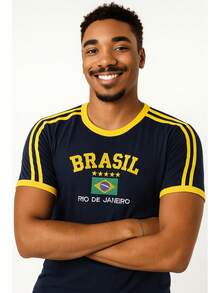 Camisa do Brasil Bordada Adulto Unissex - Azul Marinho - Visão 2