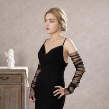 1 件时尚长款无指手套，简约手工缝制新娘配饰，百搭网眼婚礼手套秋季配饰 - 白色 - 查看 3