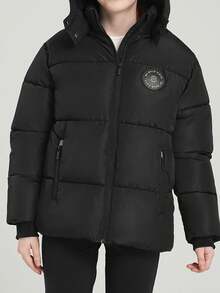 SOLOCOTE 少女加厚连帽拉链长袖冬季夹克，秋冬厚外套，雪地玩耍的圣诞礼物 - 黑色 - 查看 5