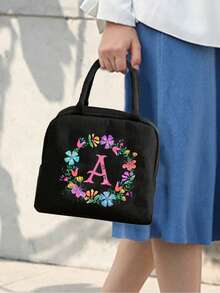 1pc Insulated Bag, Insulated Lunch Bag, With Colored Floral Initials A-Z, School Refrigerated Box, Handbag, Lunch Box, Ice Pack, Picnic Food Handbag, Floral Letter Patterned Lunch Box, Canvas Lightweight Portable Lunch Storage Bag, School Office Picnic Lunch Tote Bag (Black) Lunch Bag For Women Cooler Bag - Black - View 7
