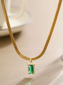 1 件女士吊坠项链，简约优雅的不锈钢扁平链，镶嵌绿色方晶锆石矩形吊坠，百搭日常佩戴和礼品配饰 - 金黃色 - 查看 3