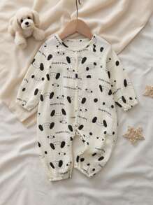 MommBaby Baby Boys Cartoon Puppy & Letter Random Ripple Button Front Long Sleeve Drop Seat Jumpsuit Jumpsuit, Cute Outfit For All Seasons