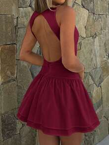 Women's Solid Color Bodycon Backless Christmas Dress - Burgundy - View 6